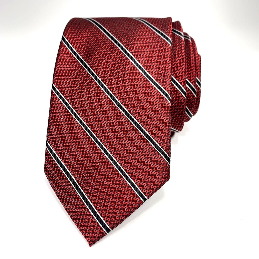 Bruno Piattelli Luxury Mens Tie Red with Black-White Stripes 100% Silk Repp